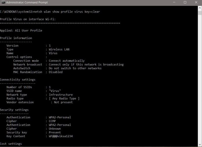 This command will show you the complete profile of wireless network along with its password