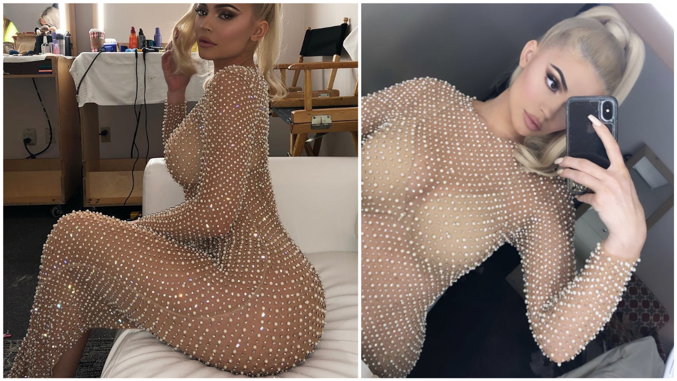 Kylie Jenner with a translucent and crystalline dress