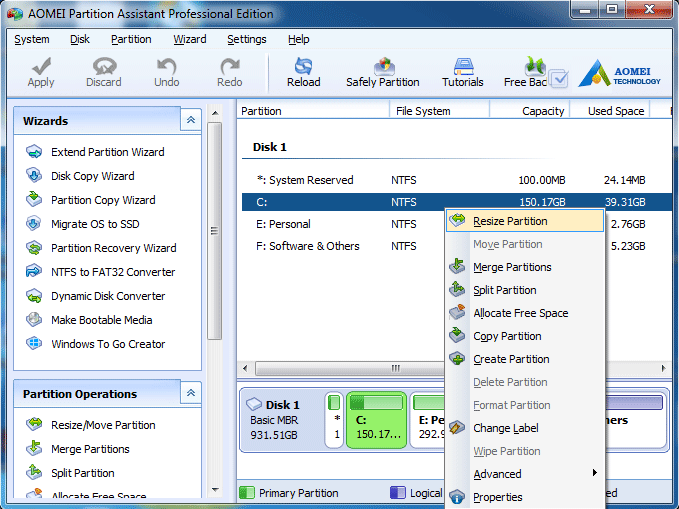 Partition A Hard Disk Using AOMEI Partition Assistant Professional