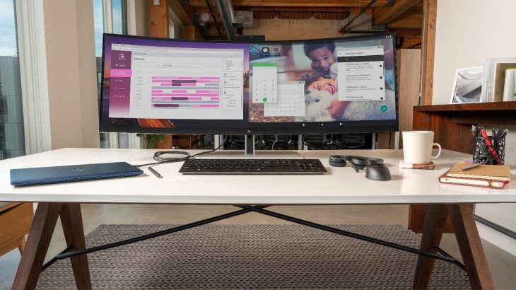 This 43.3-inch HP Monitor Displays the Screens of two Devices at the Same Time