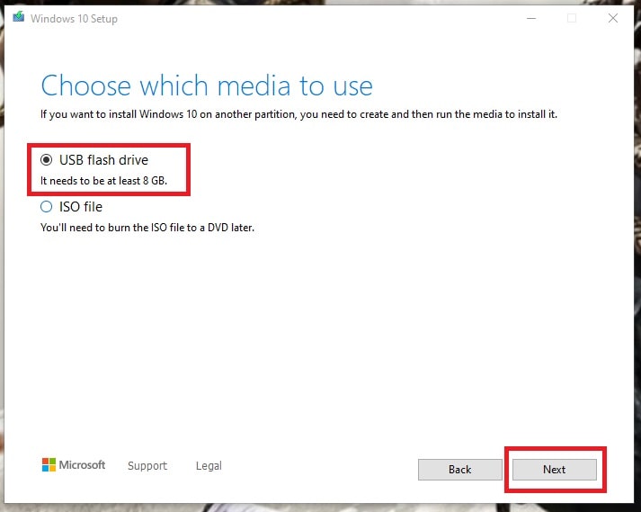 Windows 10 Media Tool (Choose USB flash drive)