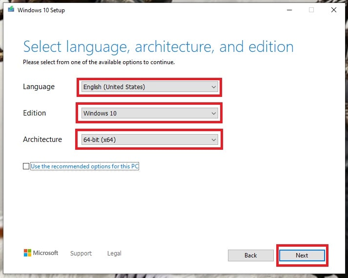 Windows 10 Media Tool (Select Language, architecture, edition)