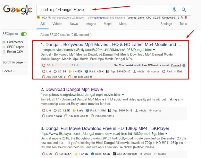 Search for Movie names along with an extension on the URL