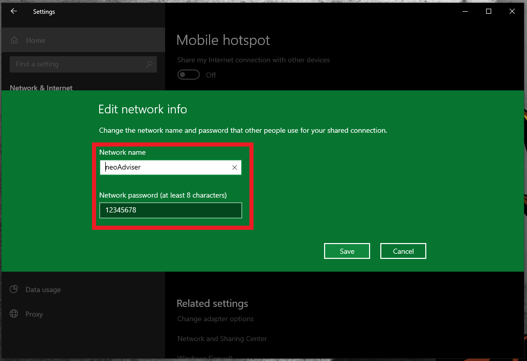 Windows 10 WiFi Hotspot: Edit Name Password